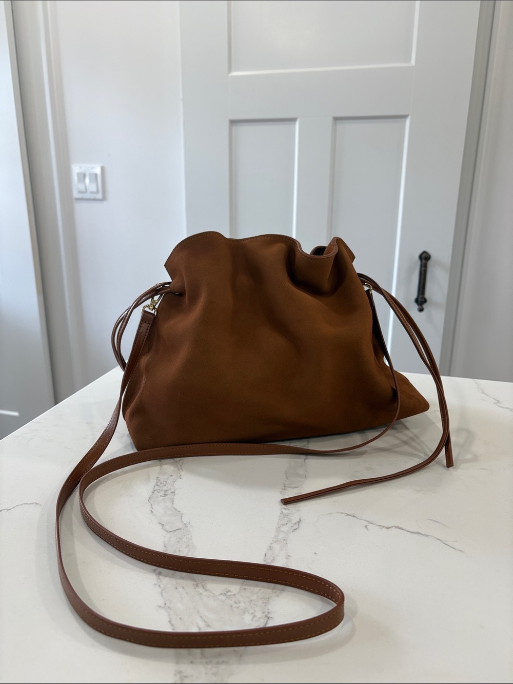 Ann Taylor Cognac Brown Suede Drawstring Shoulder Bag Purse - Picture 2 of 14